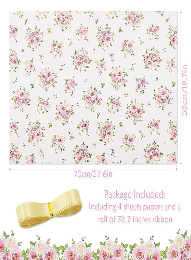 Geluode Flower Wrapping Paper and Ribbon Set for Girls Lady Women, 4 Sheets Rose Floral Bridal Shower Engagement Gift Wrap For Birthday Wedding Mother's Day Anniversary Valentine's Day or Any Occasion - Image 2